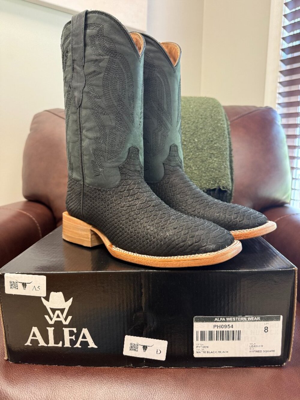 NEW ALFA Western Wear Matte Black Python Print Cowboy Boots Mens 8D Square Toe